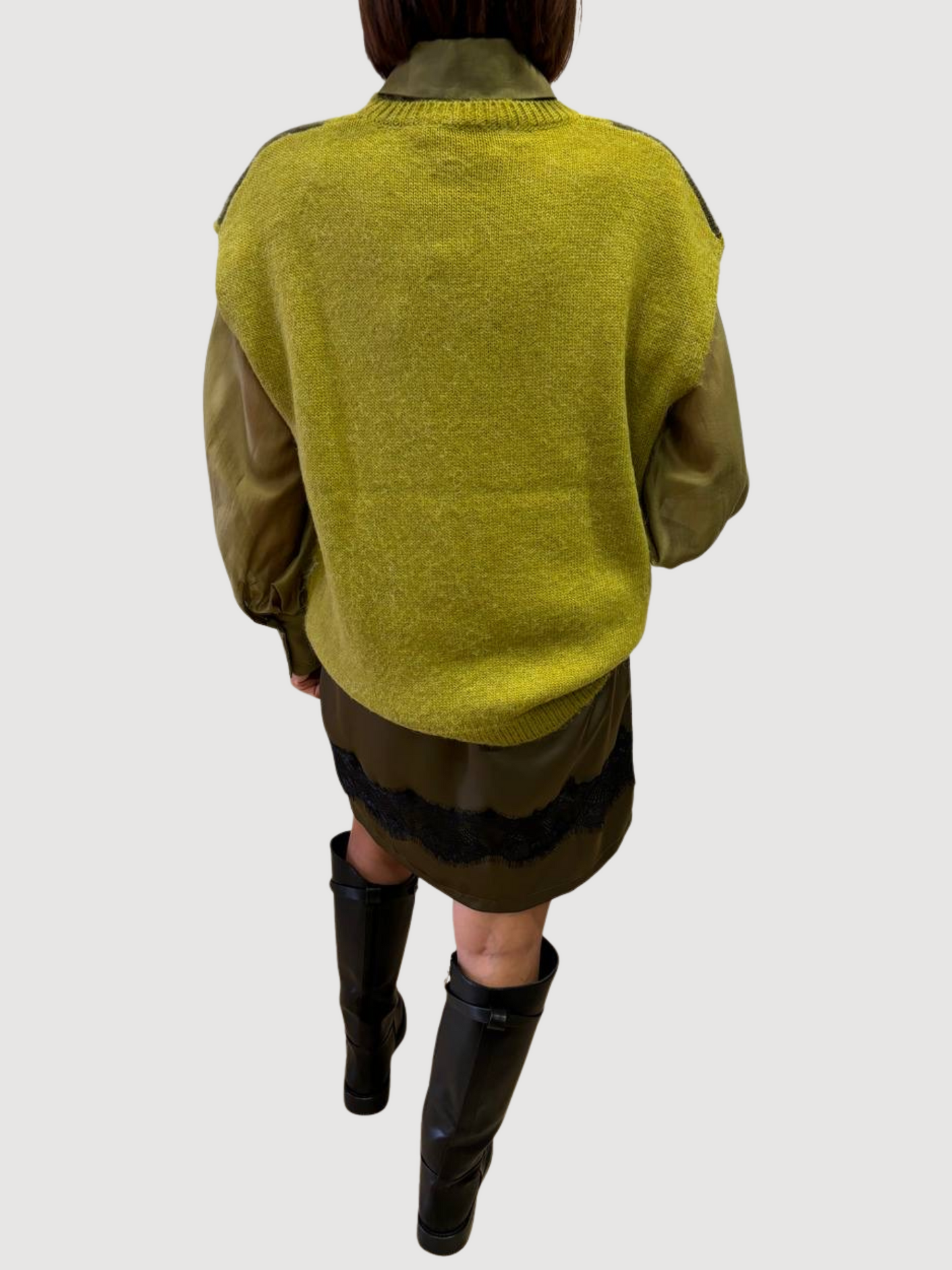 KAOS - Gilet verde olio e burro a scacchi in maglia