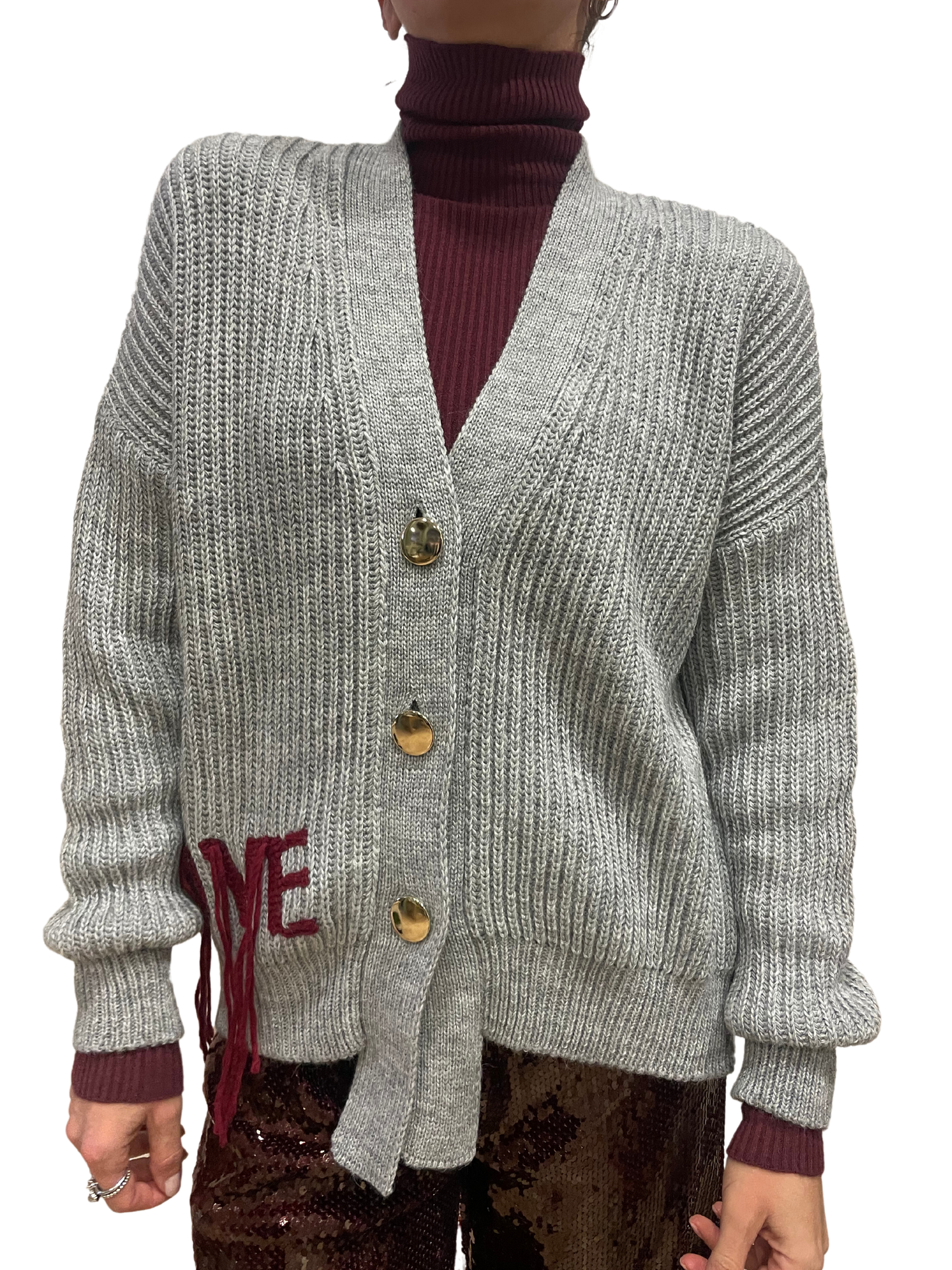 VICOLO - Cardigan grigio con bottoni oro e scritta "love" bordeaux