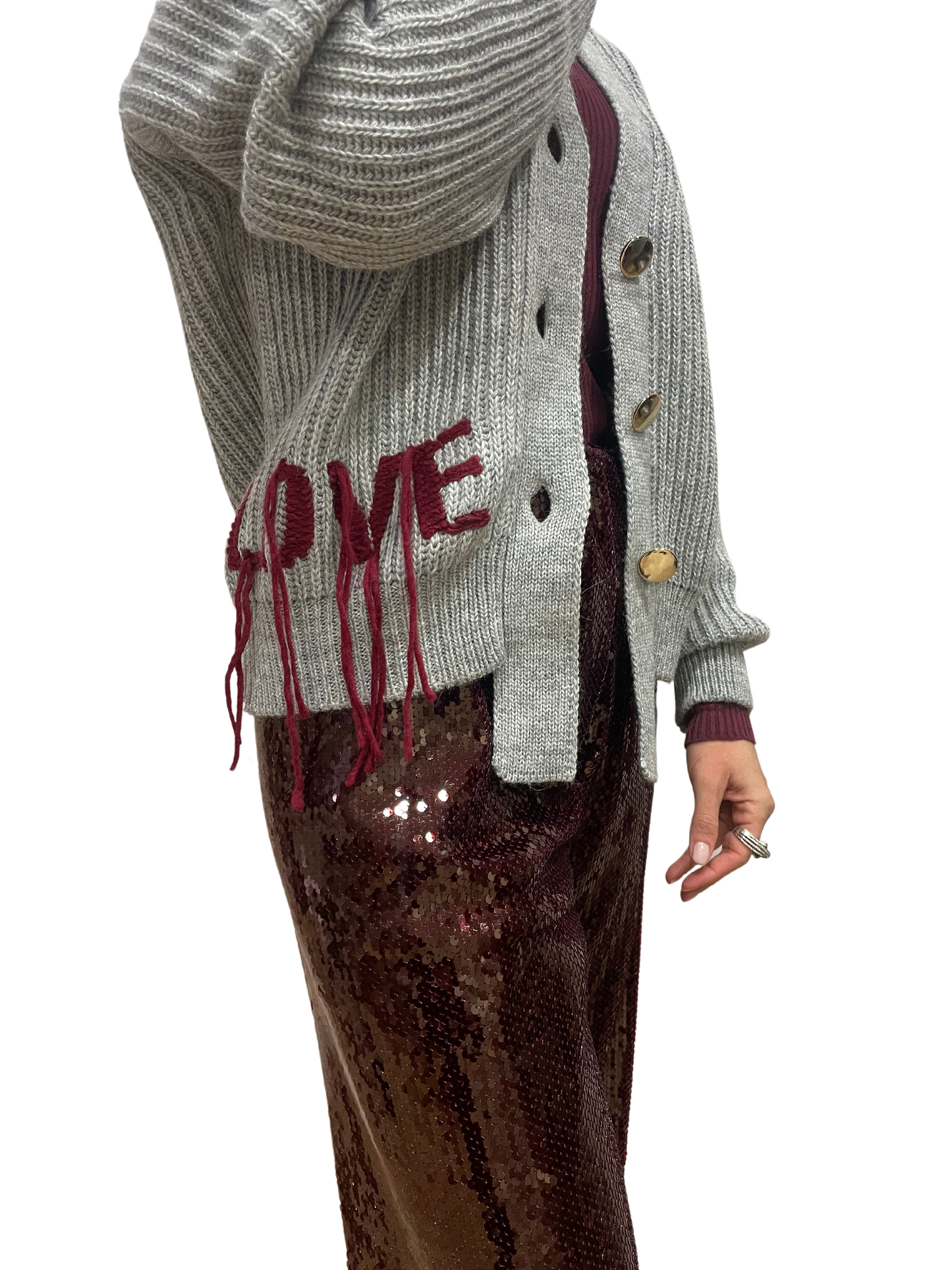 VICOLO - Cardigan grigio con bottoni oro e scritta "love" bordeaux