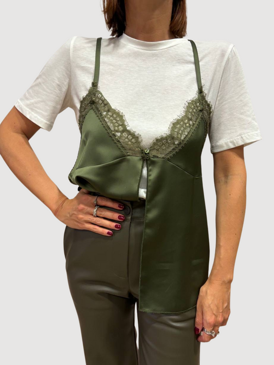 SOUVENIR - Top con t-shirt bianca e canotta in viscosa con pizzo rimovibile verde oliva