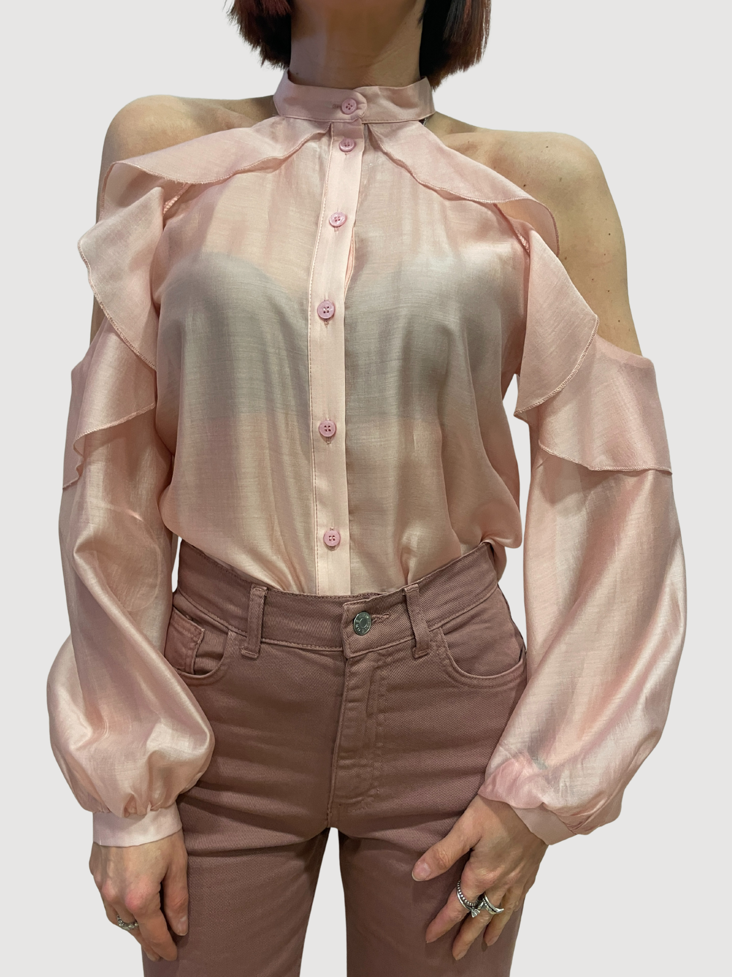 MEME ROAD - Camicia rosa con effetto cut out e volant