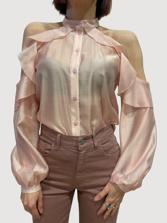 MEME ROAD - Camicia rosa con effetto cut out e volant