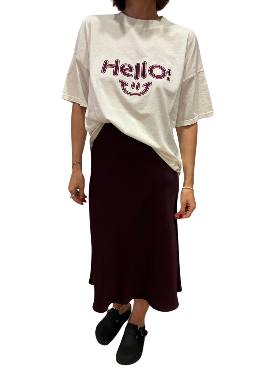 VICOLO - T-shirt in cotone con scritta "Hello :)" burro