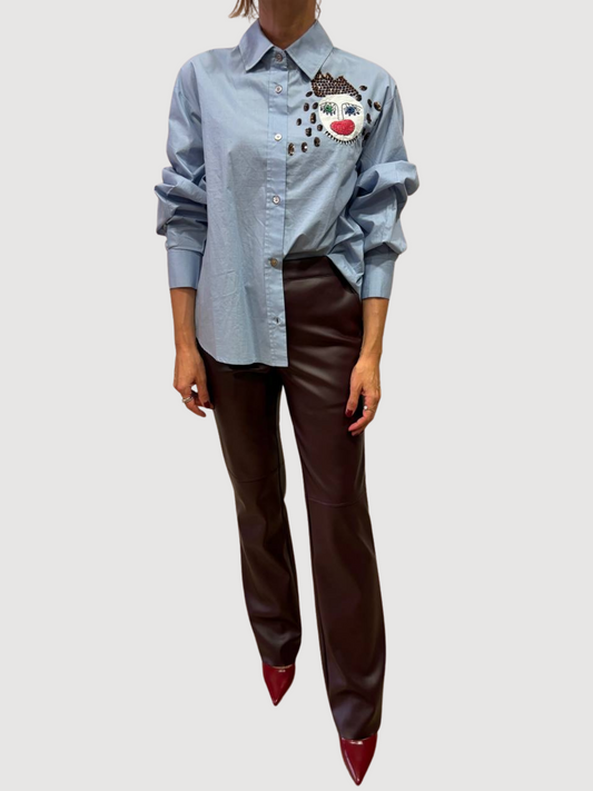SOUVENIR - Camicia in popeline azzurra con dettaglio stampa di paillettes