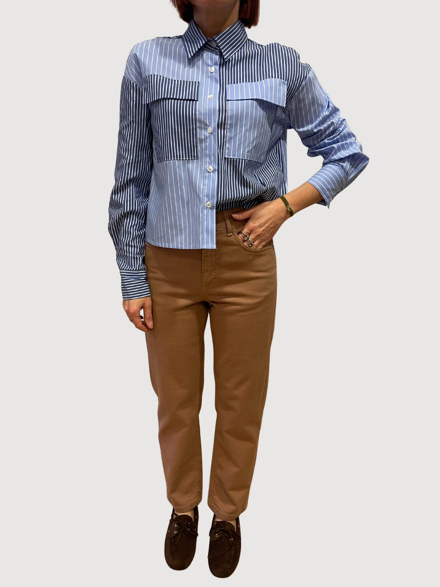 KAOS - Camicia in cotone azzurra e blu con dettaglio righe a contrasto