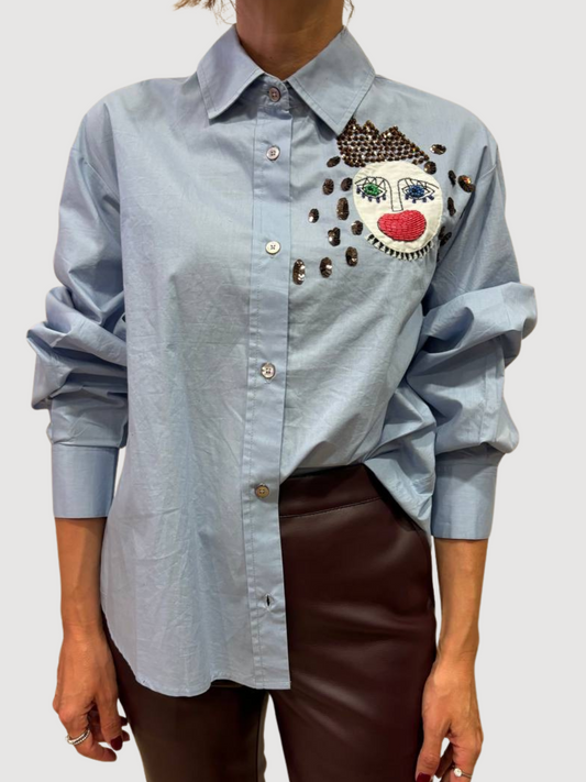 SOUVENIR - Camicia in popeline azzurra con dettaglio stampa di paillettes