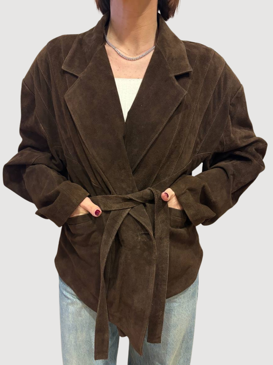 VICOLO - Giacca in crosta di vera pelle testa moro con cintura