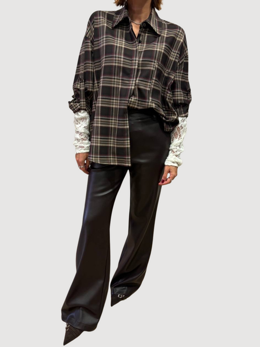 HAVEONE - Camicia check fondente con dettaglio maniche in pizzo burro