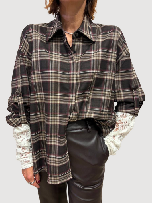 HAVEONE - Camicia check fondente con dettaglio maniche in pizzo burro