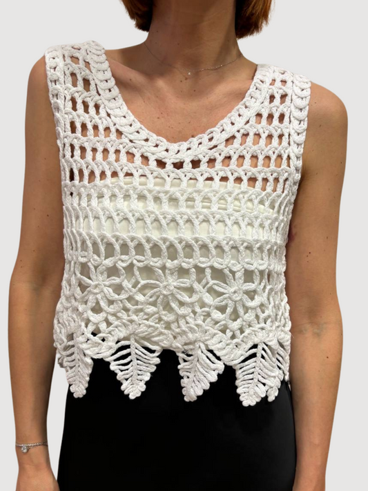 HAVEONE - Top bianco traforato crochet con spalla larga