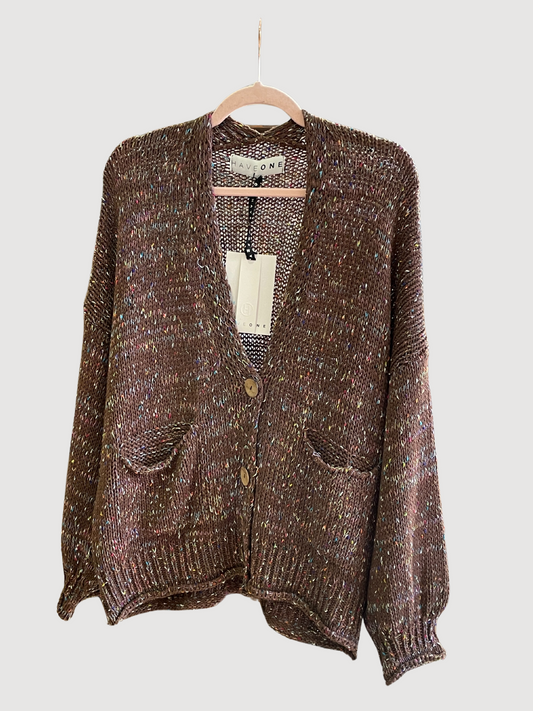 HAVEONE - Cardigan cioccolato con bottoni con fili colorati