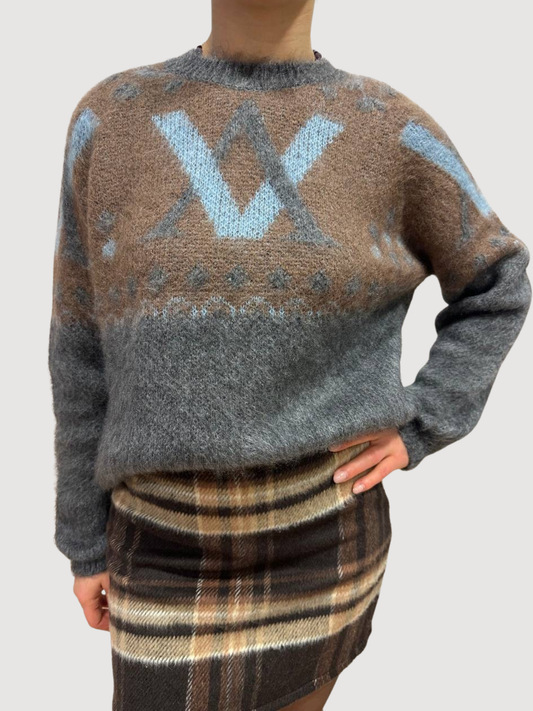 VICOLO - Maglione a girocollo con scritte in colore moro ed azzurro