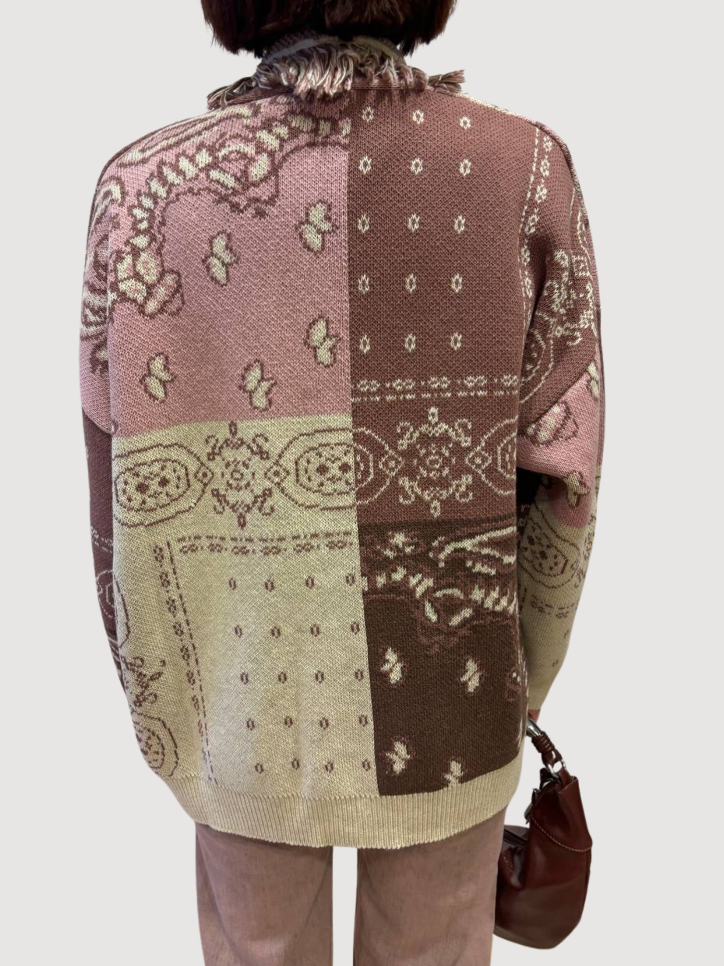 KONTATTO - Cardigan rosa ed ecrù jaquard con frange