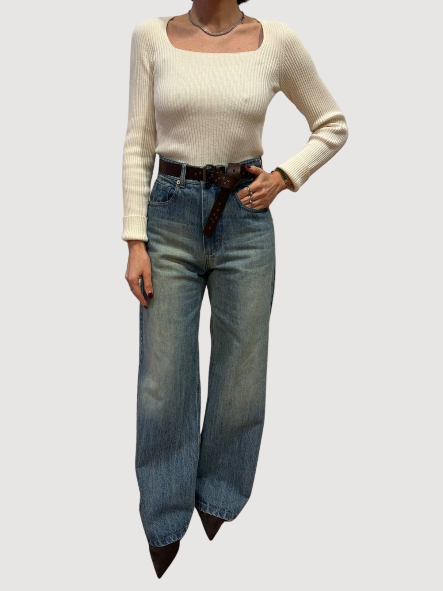 KONTATTO - Maglia a costine burro in misto viscosa con scollo squadrato