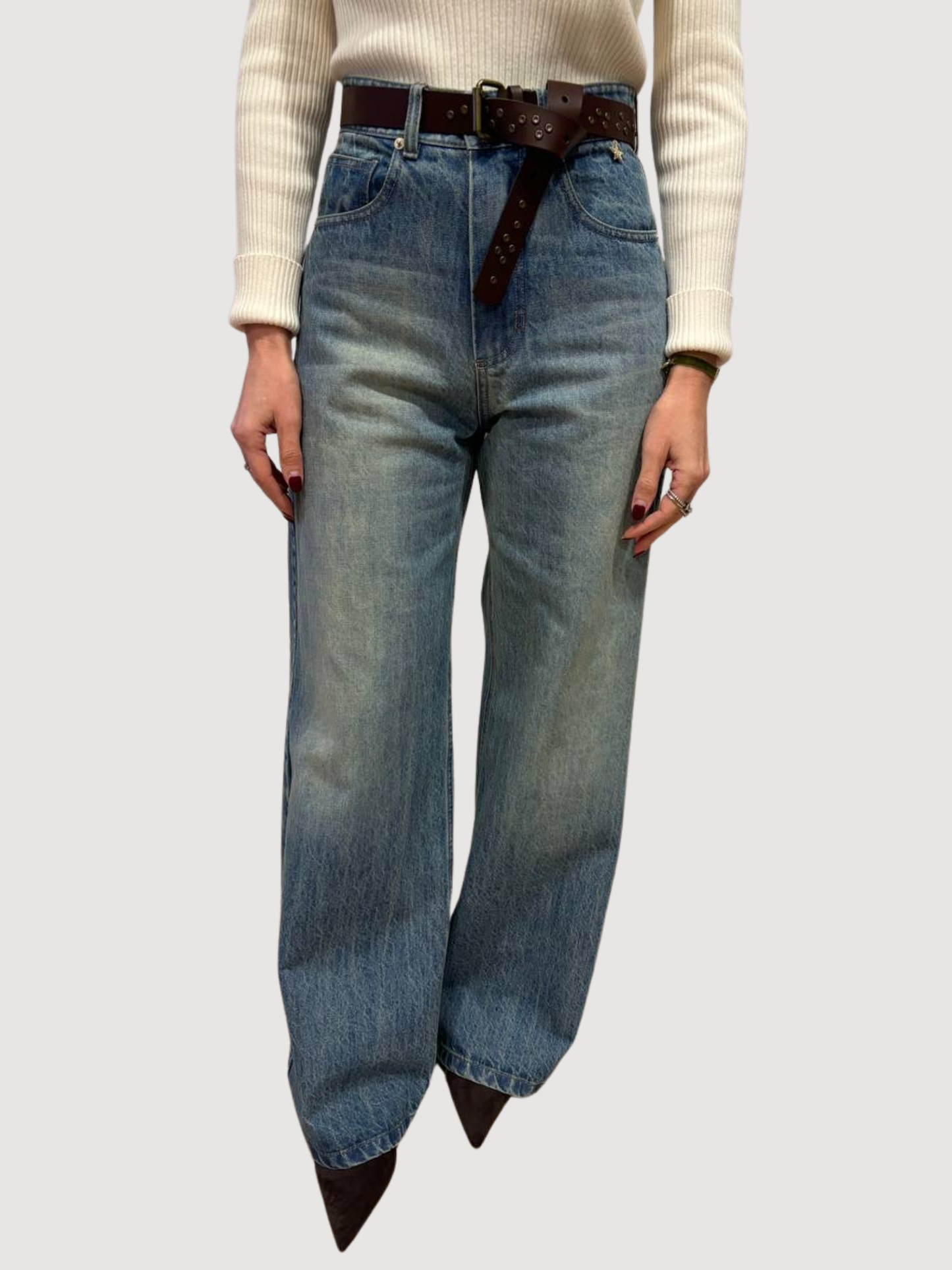 SOUVENIR - Jeans in denim a vita alta a palazzo con cintura