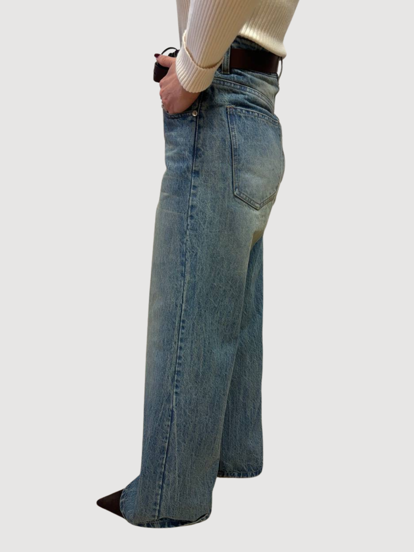 SOUVENIR - Jeans in denim a vita alta a palazzo con cintura