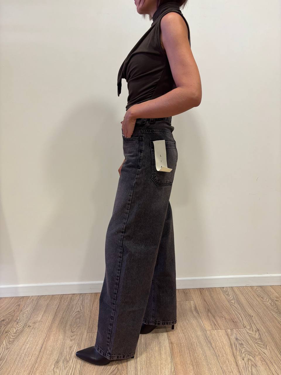 KONTATTO - Jeans Lia wid leg con fibbie color black rose marmorizzato