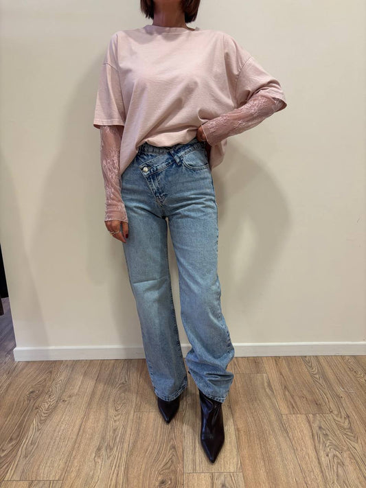 SUSY MIX - Maglia in cotone con girocollo e maniche in pizzo color rosa