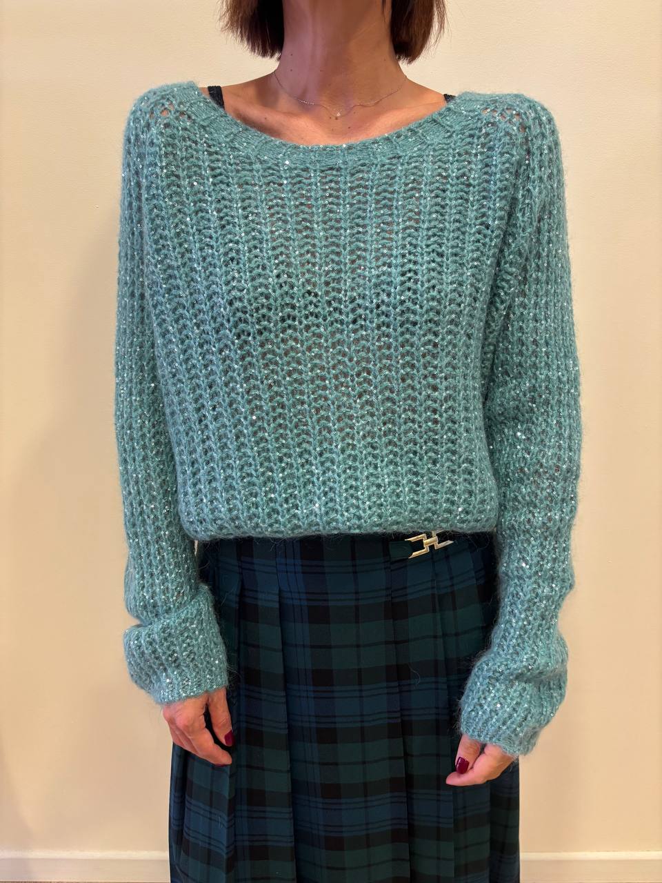 KAOS - Maglioncino a girocollo in misto lana e mohair traforato con paillettes color tiffany - più colori