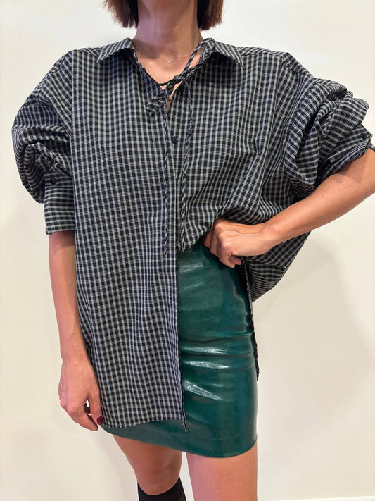 VICOLO - Camicia over con laccetto e top in tartan in misto cotone color nero e bianco