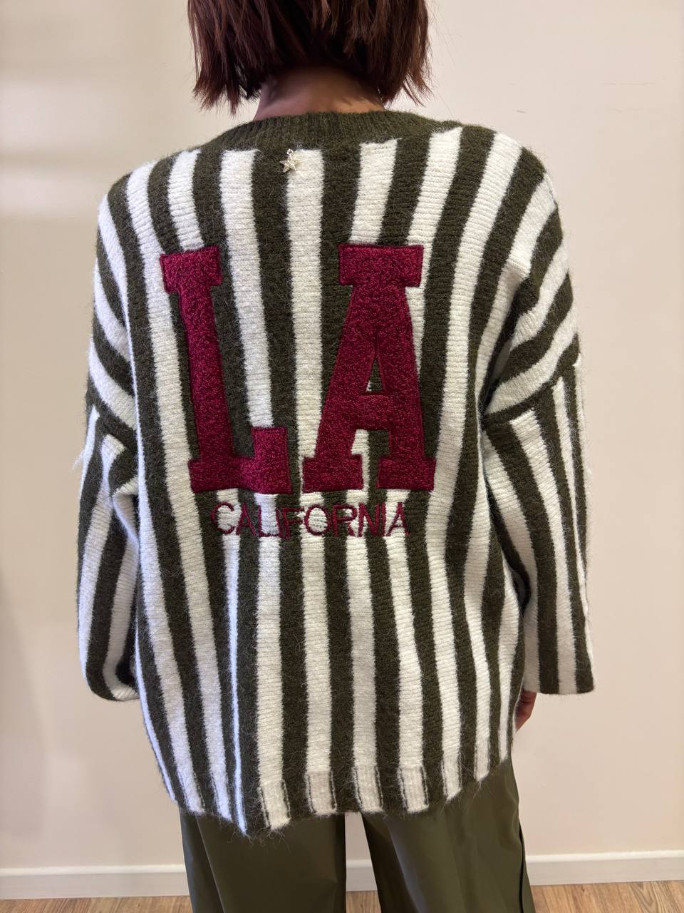 SOUVENIR - Cardigan a righe con bottoni color khaki e bianco con scritta