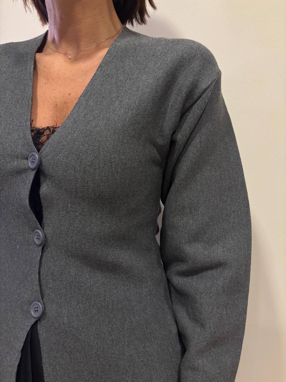 KONTATTO - Cardigan a campana in viscosa pressata con maniche a palloncino e bottoni color grigio