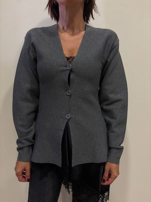 KONTATTO - Cardigan a campana in viscosa pressata con maniche a palloncino e bottoni color grigio