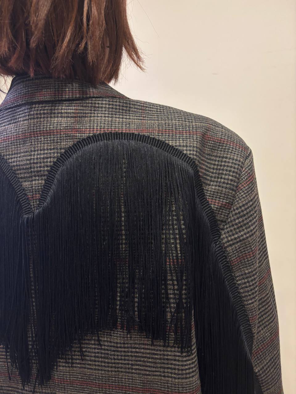 LUMINA - Blazer in tartan con frange nere color ruggine