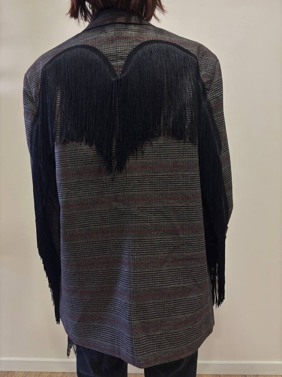 LUMINA - Blazer in tartan con frange nere color ruggine