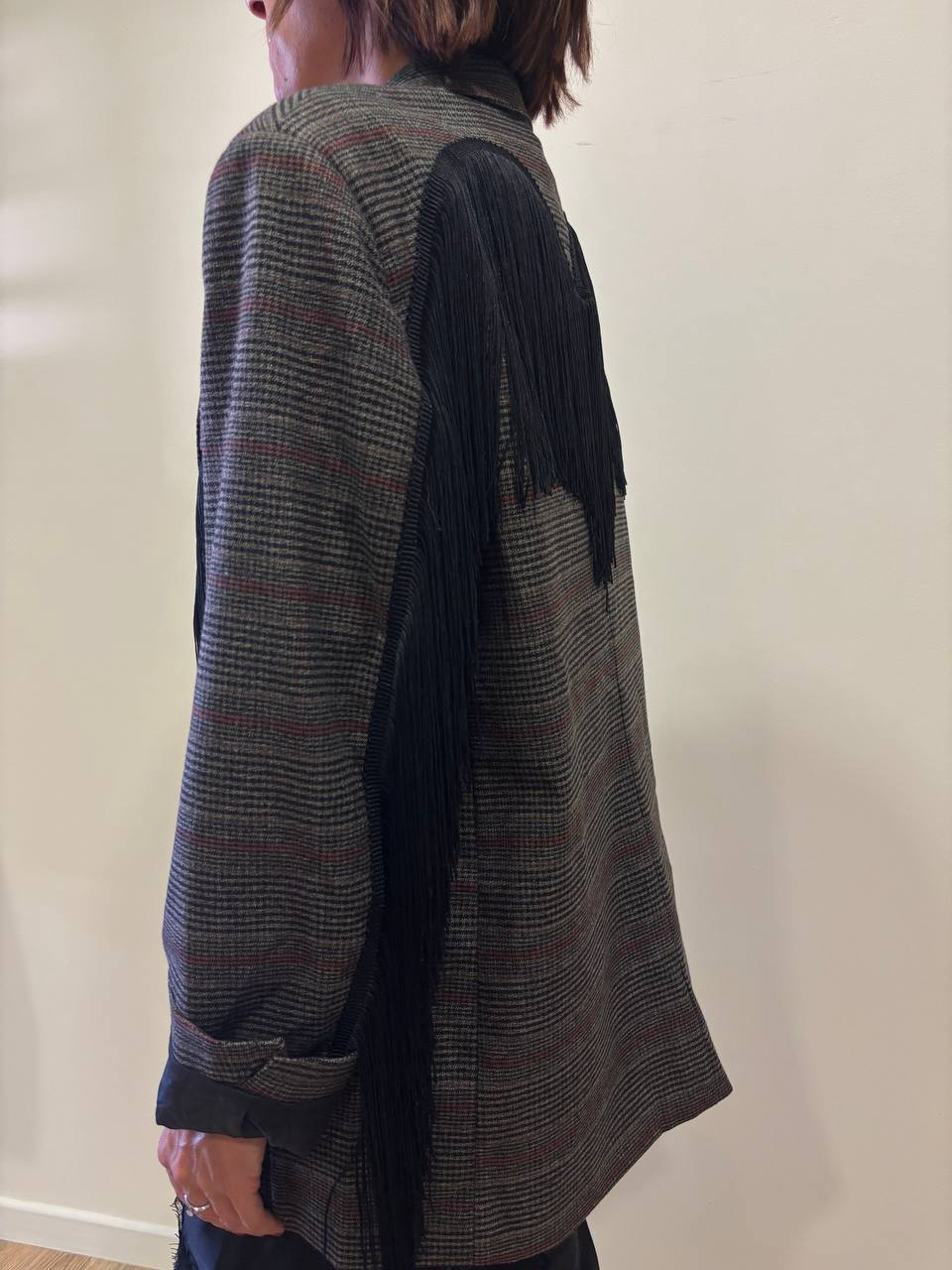 LUMINA - Blazer in tartan con frange nere color ruggine
