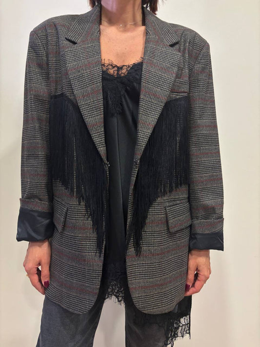 LUMINA - Blazer in tartan con frange nere color ruggine