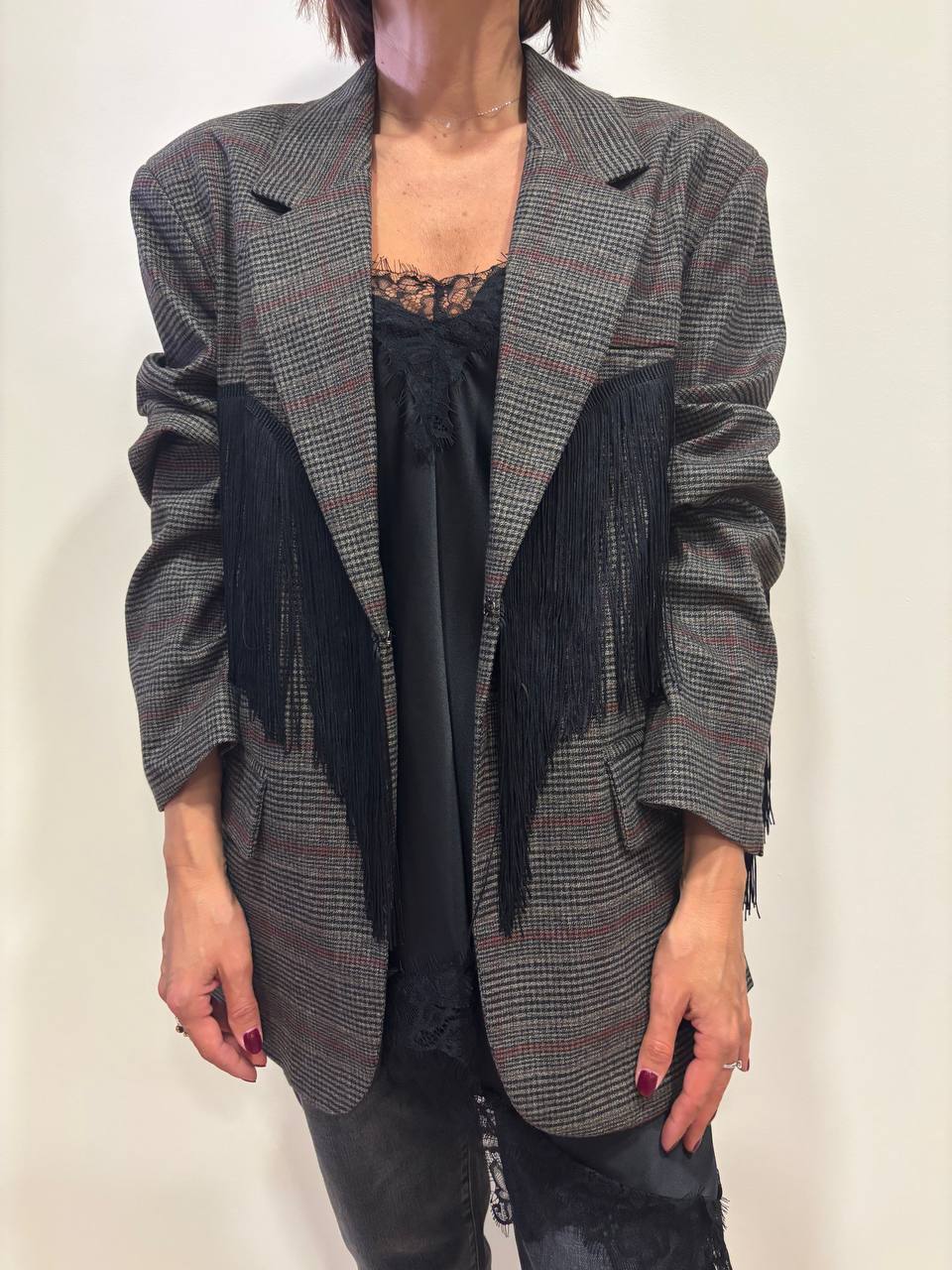 LUMINA - Blazer in tartan con frange nere color ruggine