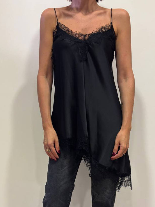 HAVEONE - Top asimmetrico con spalline e dettaglio in pizzo color nero