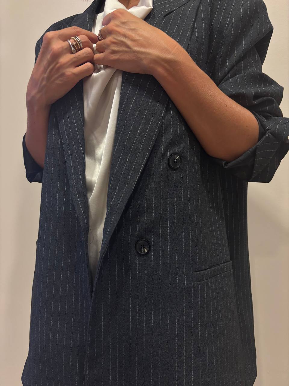 LUMINA - Blazer oversize gessato a doppiopetto color grigio