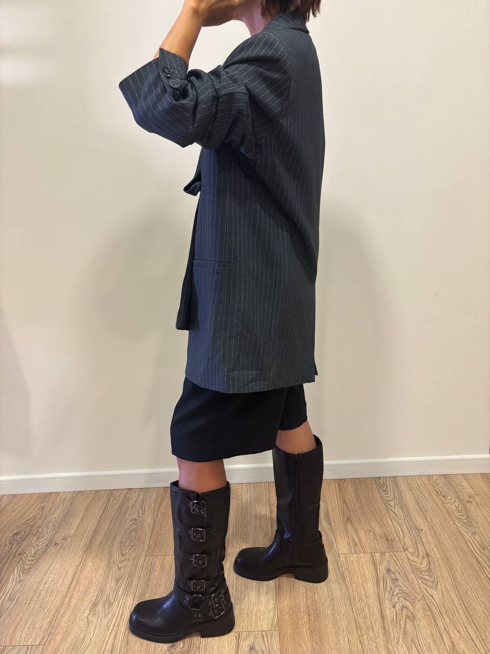LUMINA - Blazer oversize gessato a doppiopetto color grigio