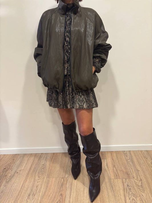 KONTATTO - Bomber in ecopelle con colletto e maniche a palloncino color verde militare