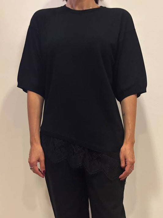 KONTATTO - Maglia a girocollo a mezza manica in misto viscosa con dettaglio in pizzo color nero