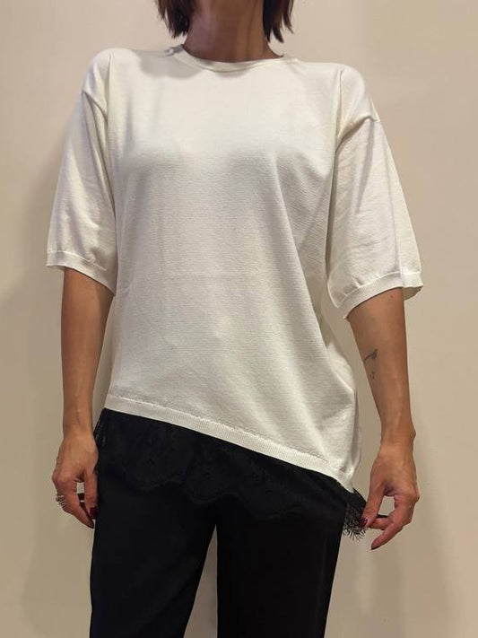 KONTATTO - Maglia a girocollo a mezza manica in misto viscosa con dettaglio in pizzo color panna
