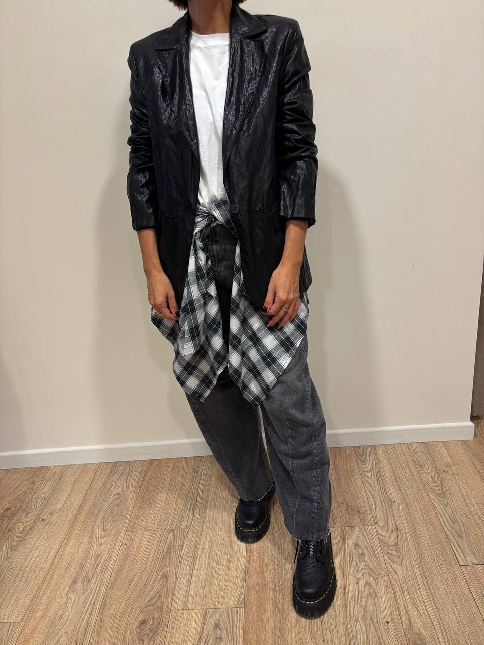 HAVEONE - Camicia in cotone oversize a quadri verde e contrasto nero e bianco