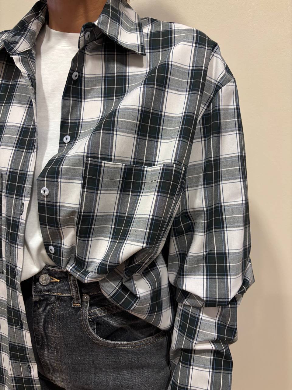 HAVEONE - Camicia in cotone oversize a quadri verde e contrasto nero e bianco