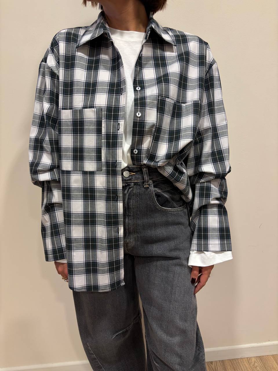 HAVEONE - Camicia in cotone oversize a quadri verde e contrasto nero e bianco