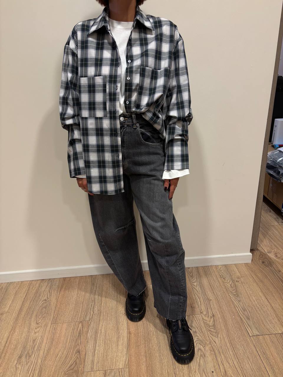 HAVEONE - Camicia in cotone oversize a quadri verde e contrasto nero e bianco