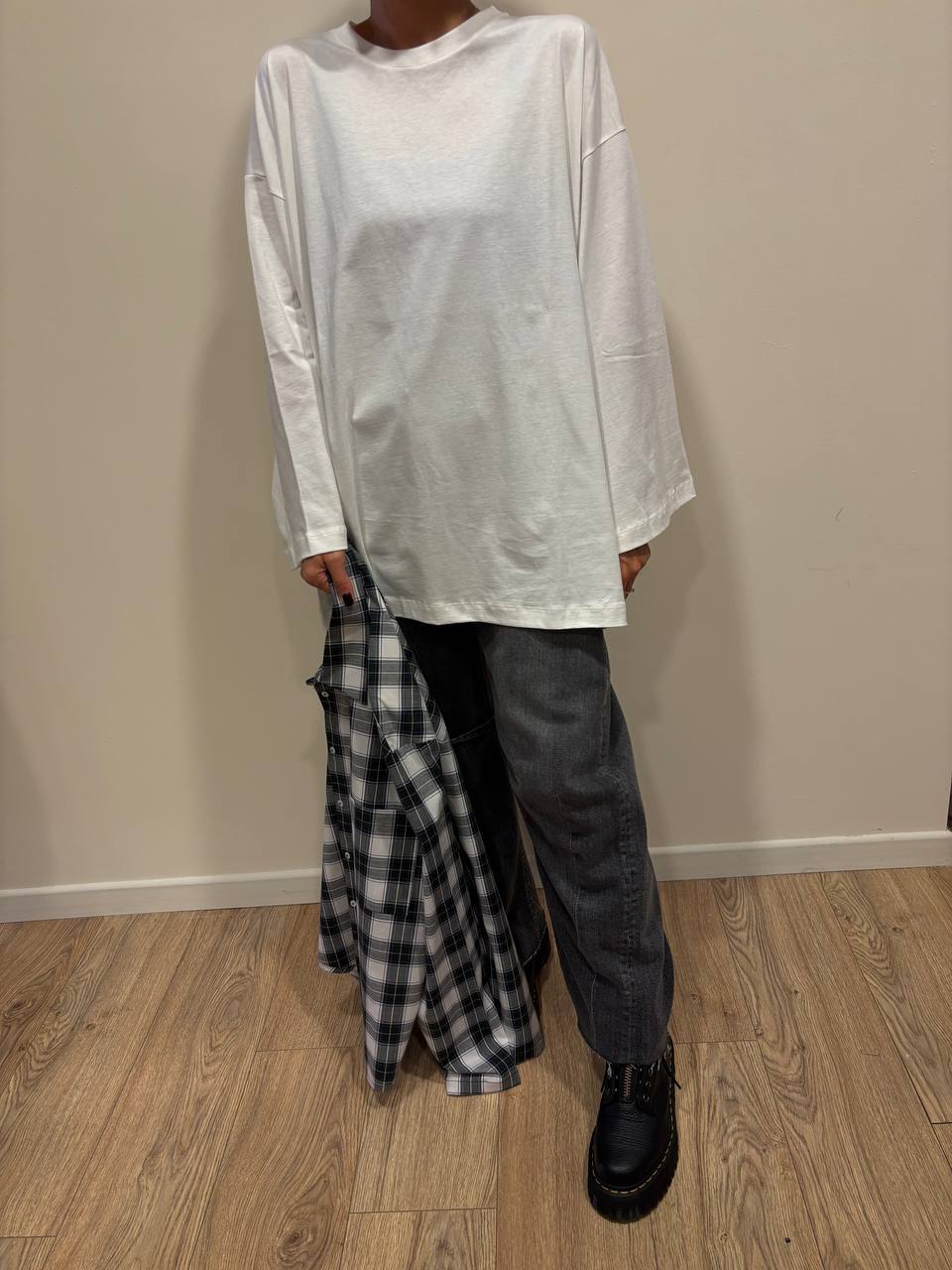 HAVEONE - Camicia in cotone oversize a quadri verde e contrasto nero e bianco