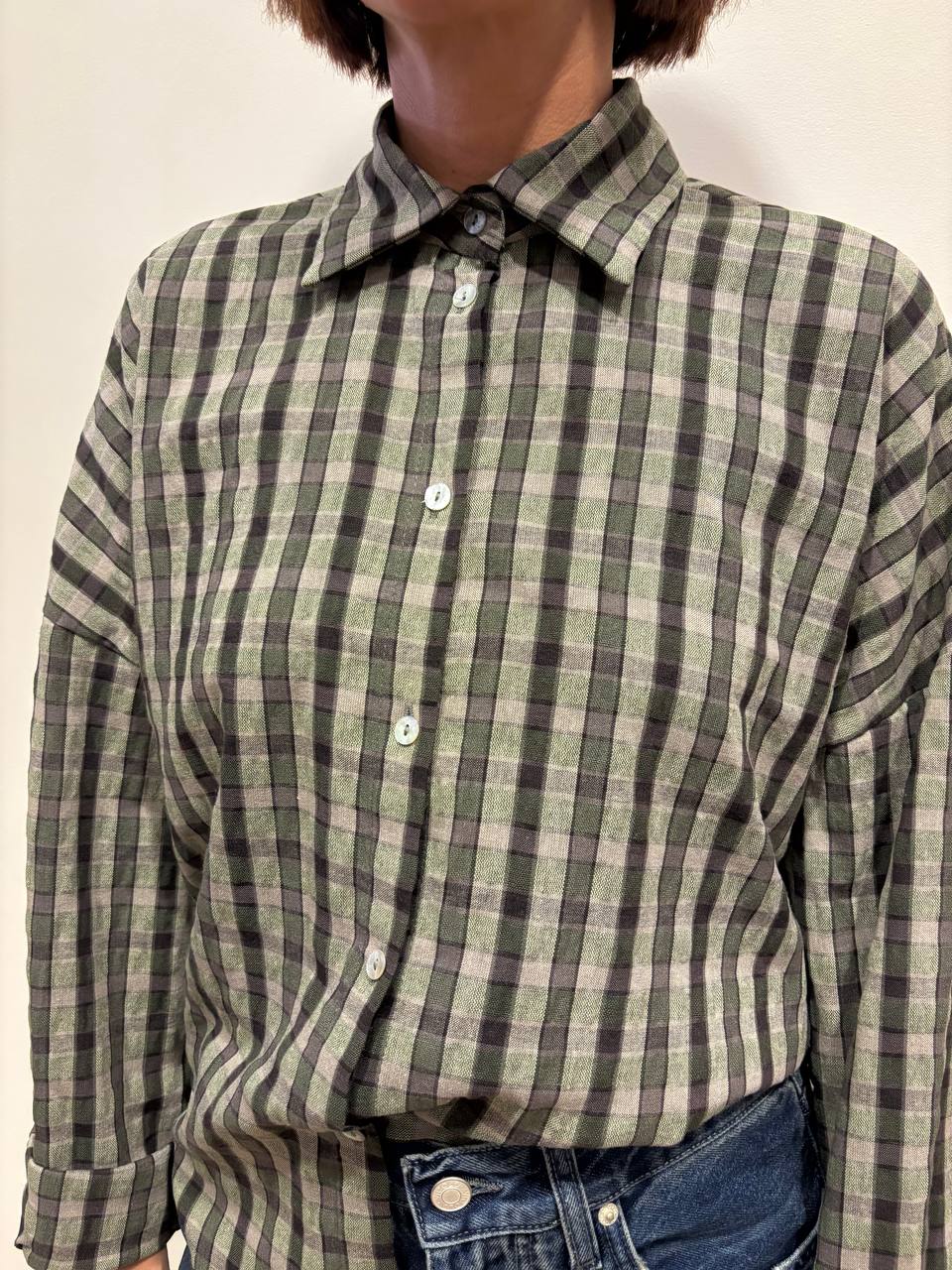 HAVEONE - Camicia a scatola in misto cotone e viscosa a quadri verde militare e nero