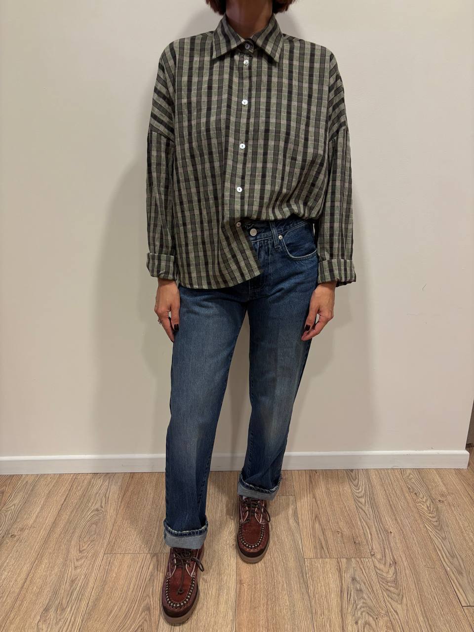 HAVEONE - Camicia a scatola in misto cotone e viscosa a quadri verde militare e nero