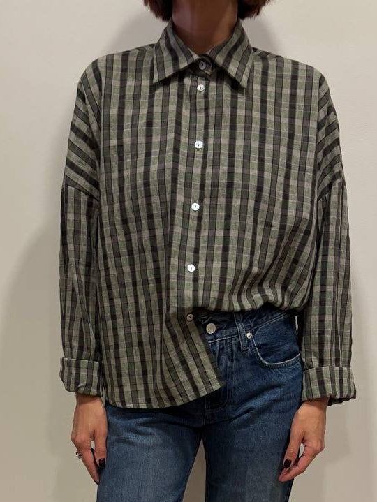 HAVEONE - Camicia a scatola in misto cotone e viscosa a quadri verde militare e nero