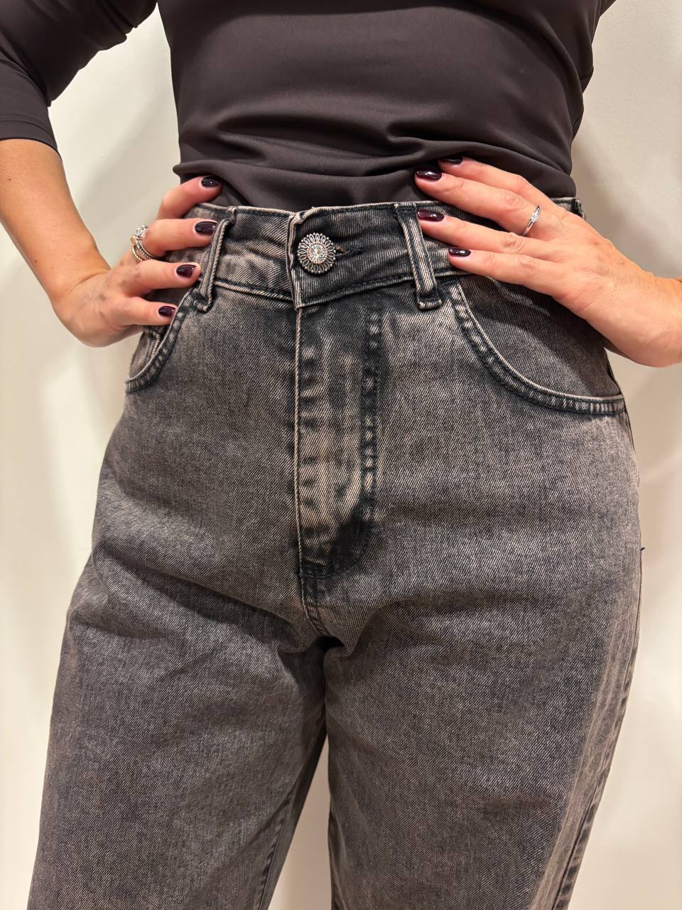 MEME ROAD - Jeans barrel fit a vita alta color black rose marmorizzato