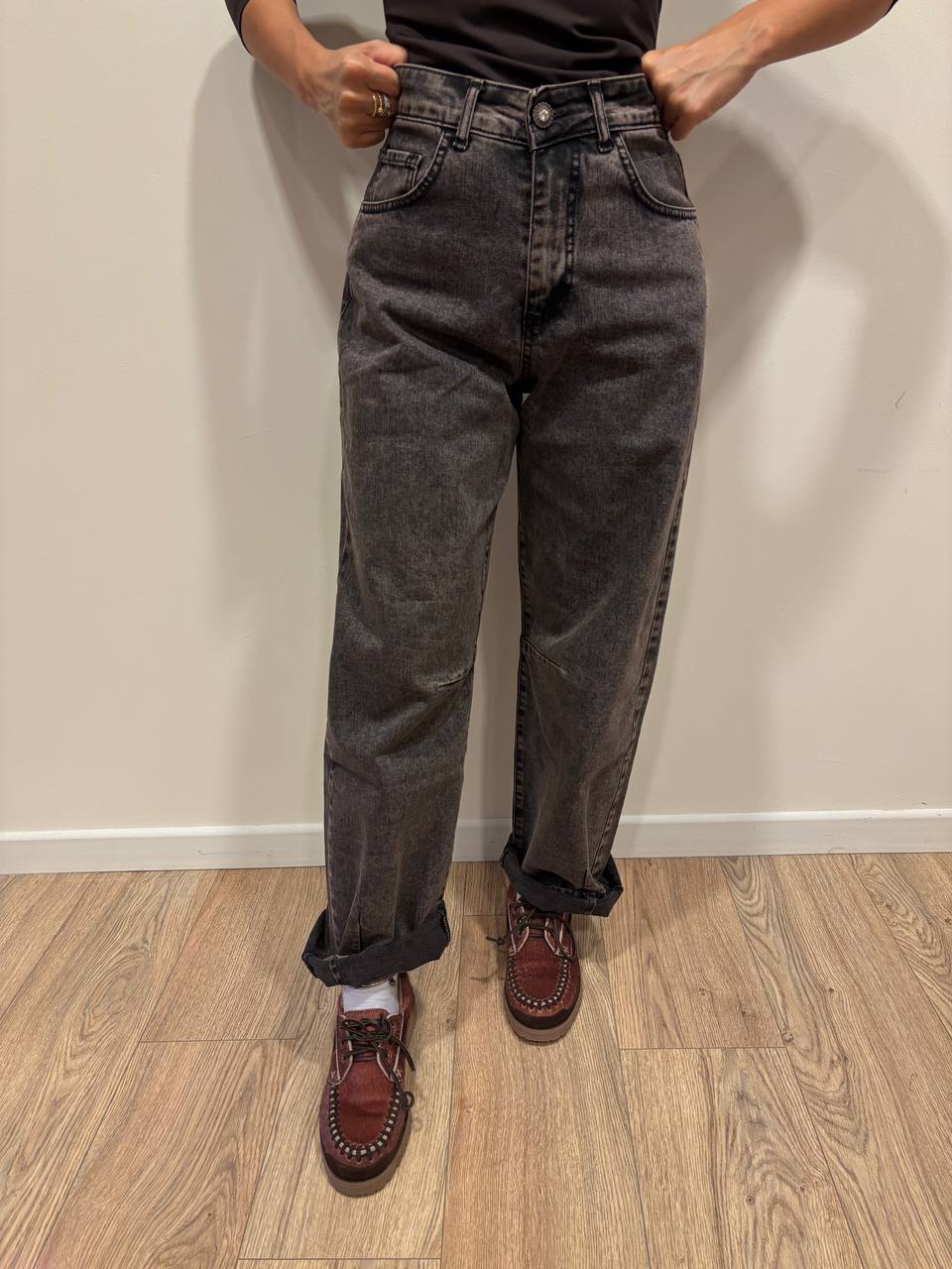 MEME ROAD - Jeans barrel fit a vita alta color black rose marmorizzato