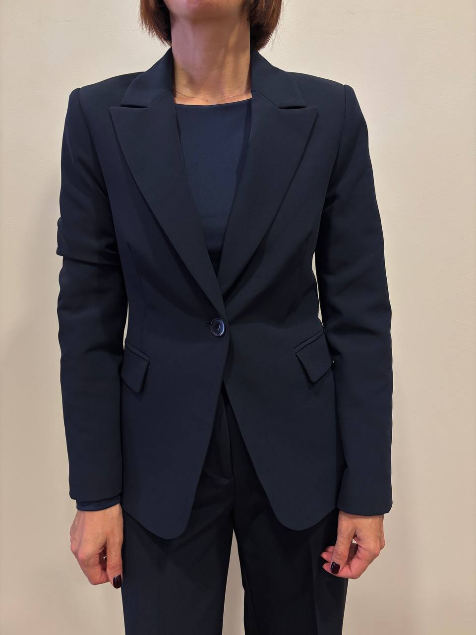 SOUVENIR - Completo giacca monopetto a un bottone e pantalone palazzo dritto color blu