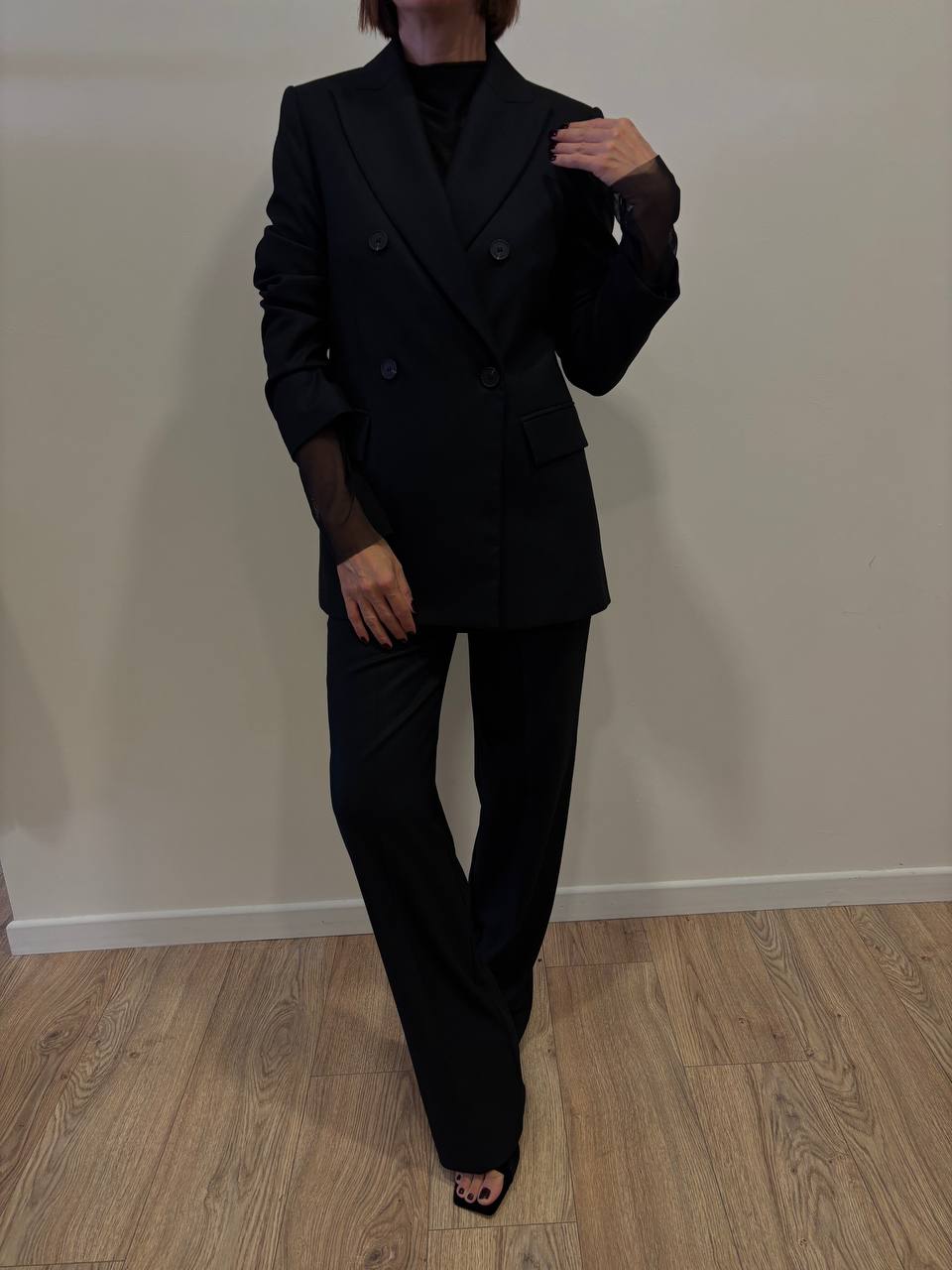 SOUVENIR - Completo giaccia doppiopetto e pantalone a palazzo in punto Milano color nero